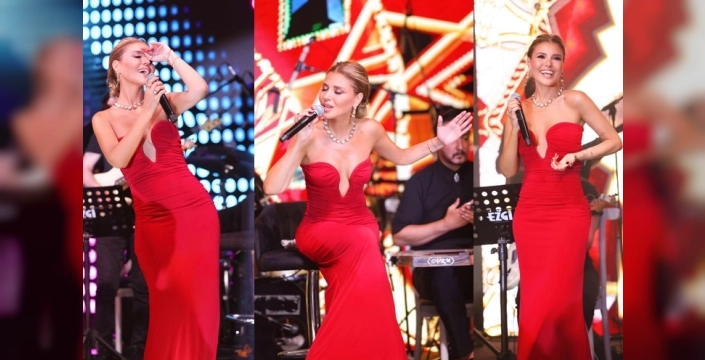 Gülben Ergen, Kuşadası'nda kırmızı şıklığıyla büyüledi, sevenleriyle unutulmaz bir gece yaşattı